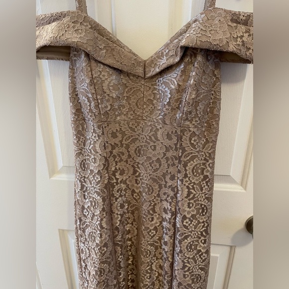 R&M Richard’s Women’s Size 10 Formal Tan/Gold Lace Gown - Picture 4 of 12